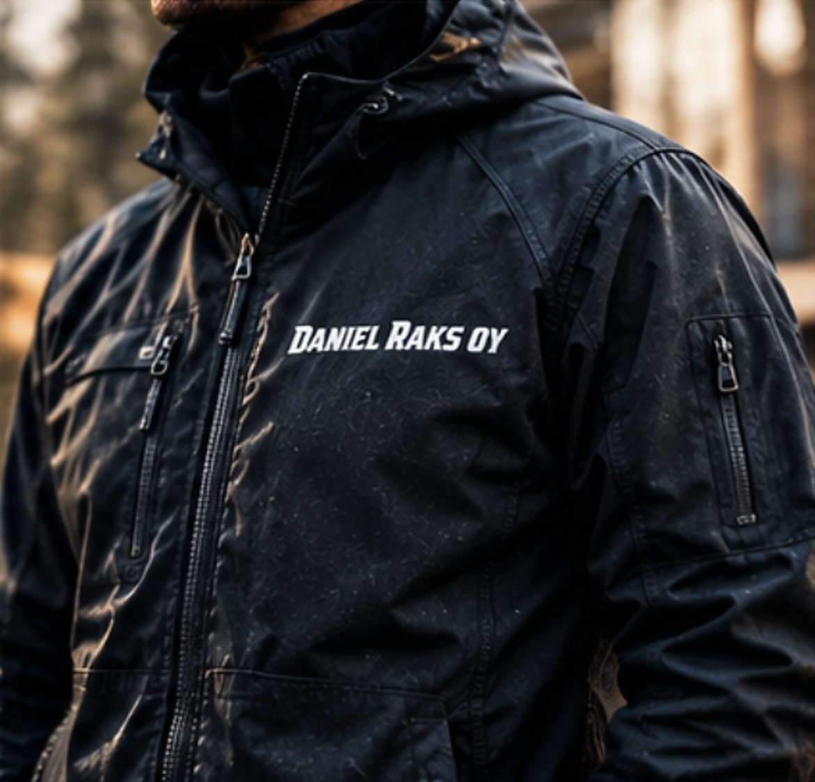 Daniel Raks Oy -logo työtakin rinnassa